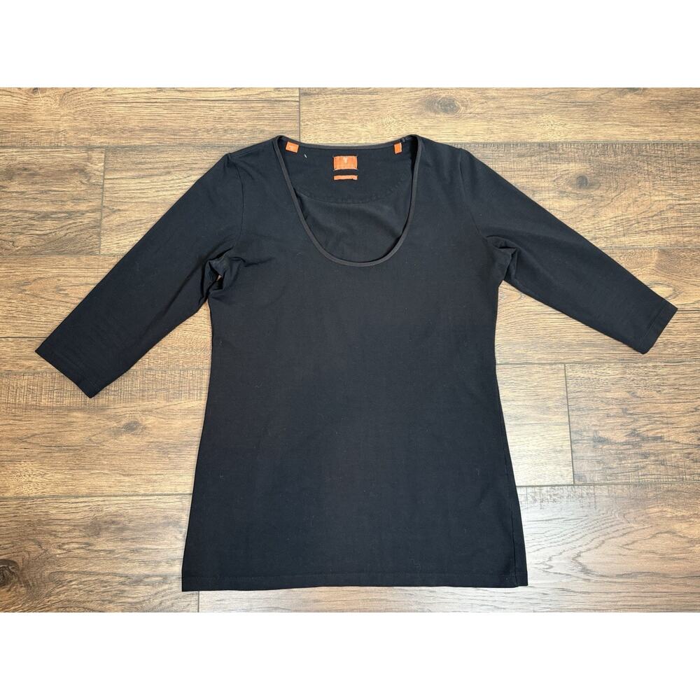 Left Coast Tee Shirt Top Trim Fitted Black Prima Cotton Women’s Sz 5 Scoop Neck